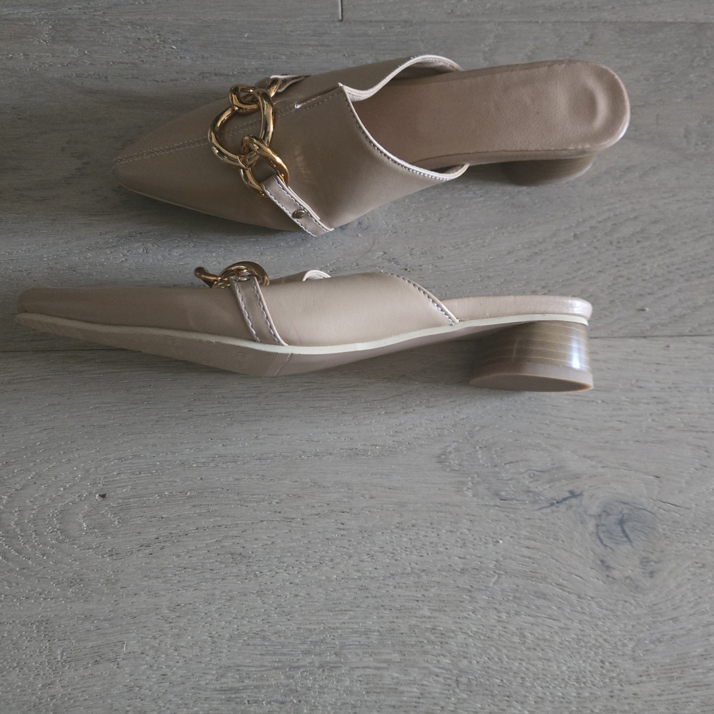 Women’s Taupe Slip-On Pointed Mules with Gold Chain - Picture 2 of 3